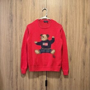Vintage Ralph Lauren RL 42 Red Polo Bear Cotton Linen Crew Neck Sweater Size XS